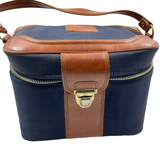 SEARS Vintage Train Case Travel Bag Cosmetic Toiletry Case Vinyl Canvas Navy - Picture 1 of 10
